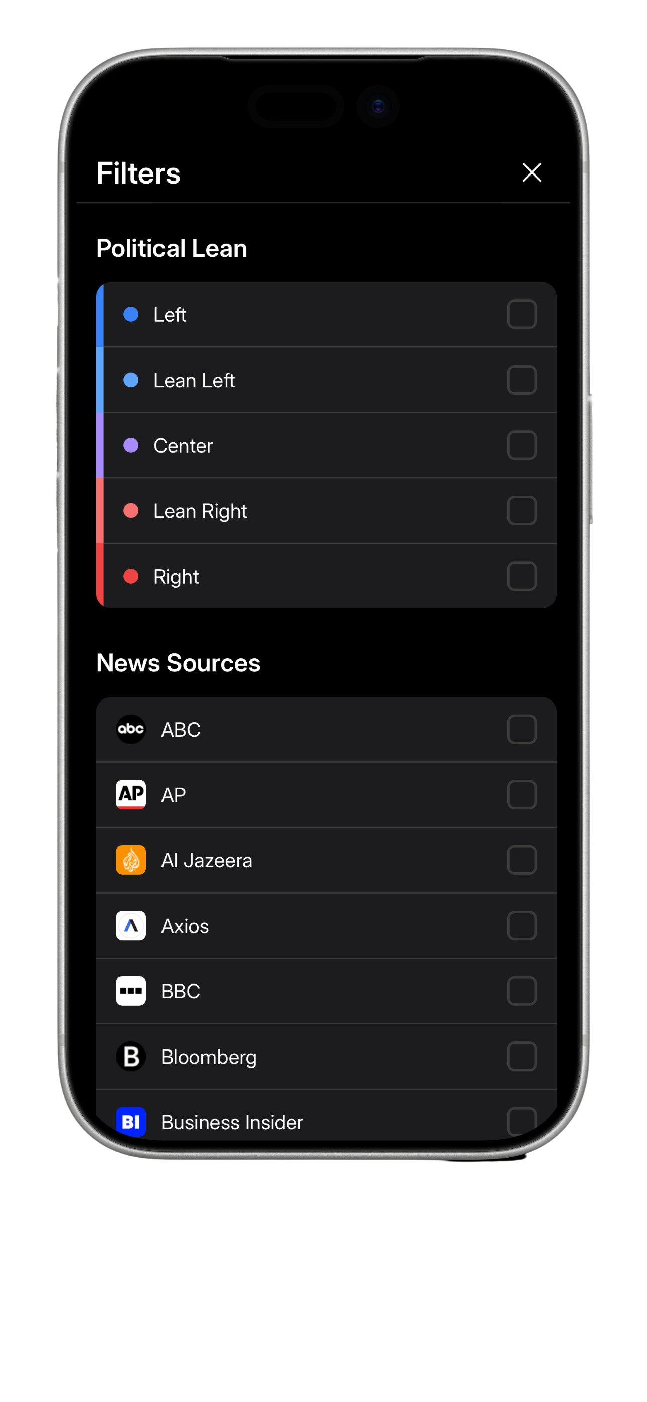 News filters with political lean and sources